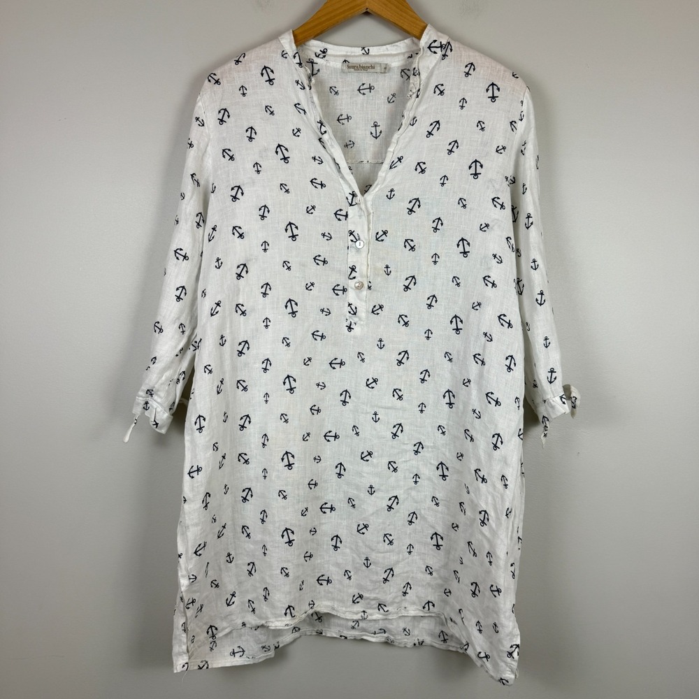 Laura Bianchi Tunic Top Women's S White Anchor‎ Print 100% Linen Cover Up Beach